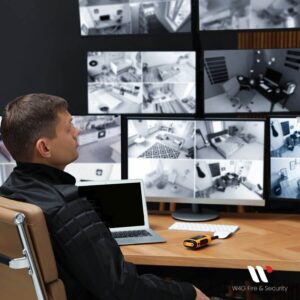 AI-powered physical security monitoring system with operator viewing multiple CCTV screens